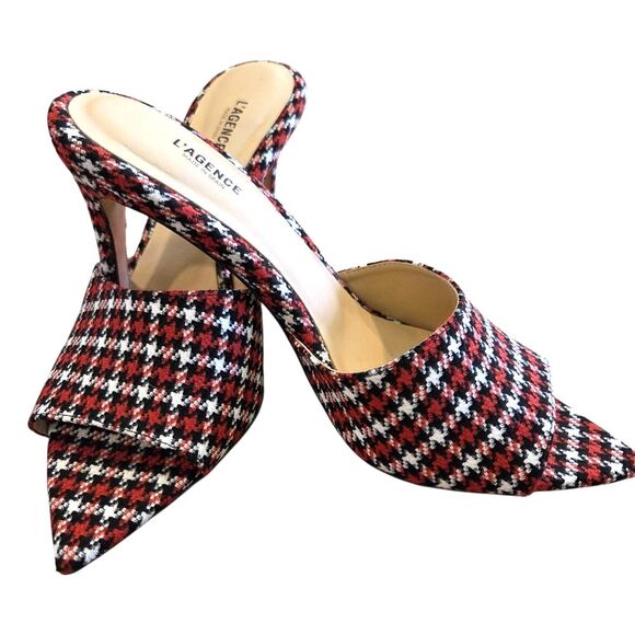 L'Agence Lolita Slides Women's Open Toe Heels Plaid Black Red Sandal NEW Size 38 - Picture 1 of 7